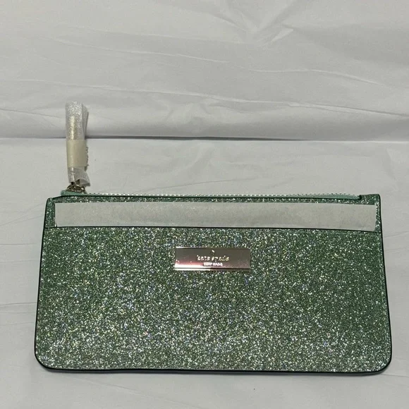 NWT Kate Spade Kenzie Boxed Glitter Large Slim Cardholder in Seawater Green - Picture 7 of 12